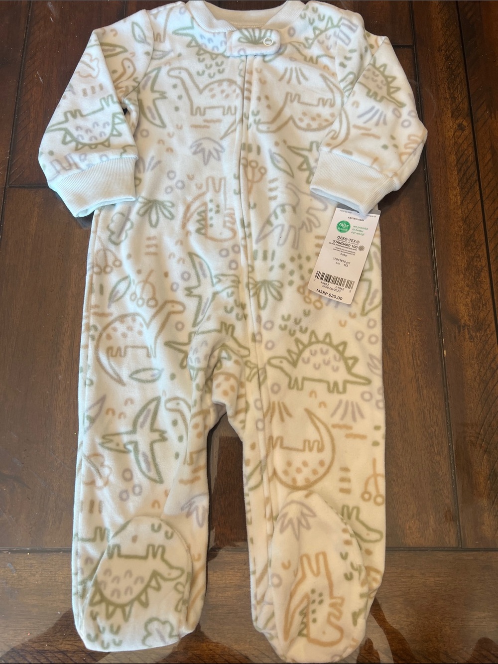 Carter's Cream Fleece Dinosaur Footed One-Piece